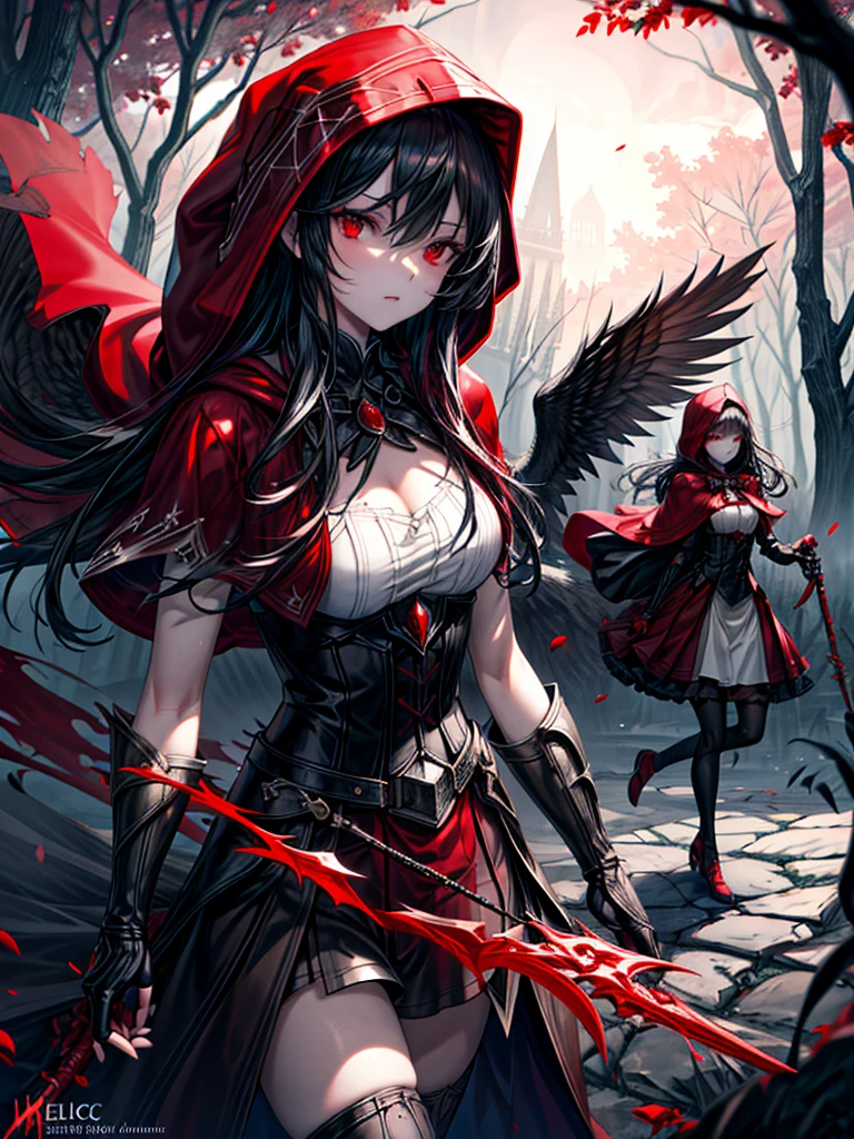 (best quality,4k,highres,masterpiece:1.2),ultra-detailed,realistic:1.37,portrait,dark fantasy,red color scheme,soft lighting,emotional,enchanted forest,ominous atmosphere,eye-catching,storytelling,anatomy,anime style,concept art,beautiful detailed face and (((RED EYES ))),flowing hair,expressive emotions,detailed jewelry,cape with intricate patterns,intense gaze,feathered details on the cape,subtle shadows,dynamic pose,epic composition,mysterious background,natural elements,moonlit night,wind blowing through the trees,eerie presence,revealing the character's strength and vulnerability,striking contrast between the red cape and surroundings,engaging narrative,rich textures,depth and dimension,putting emphasis on the character's allure and resilience. (((RED RIDING HOOD)))