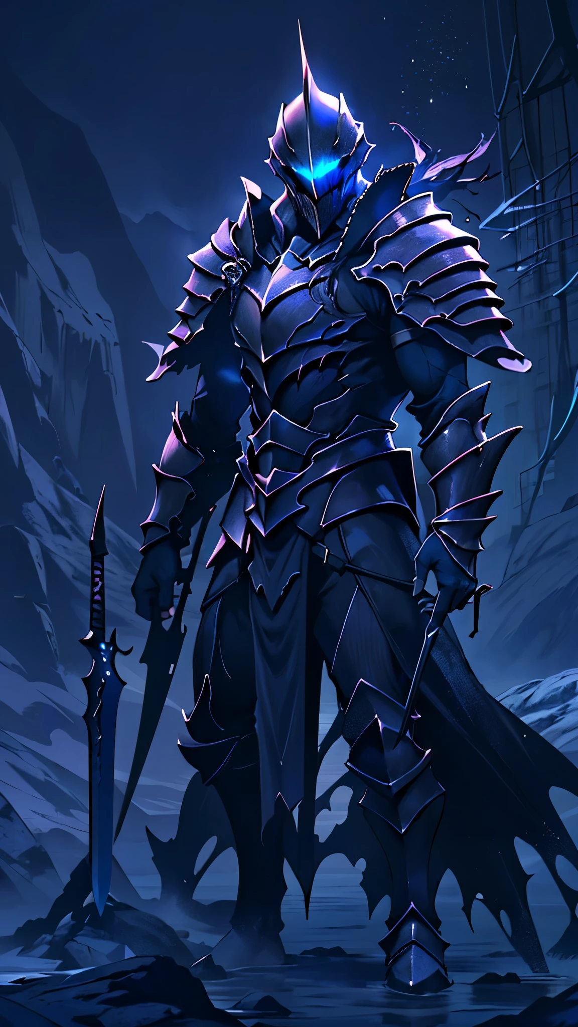 (masterpiece:1.2),(Highest quality),(Very detailedな),(Ultra-high resolution),8K,Vast landscape photography,Dark fantasy,(The Abyss Knight stands),Abyssal Sword,Abyssal Armor,Abyssal Shield,(One person: 1.5),Very detailed,The background is a gradient of black, blue and grey,The very deep darkness