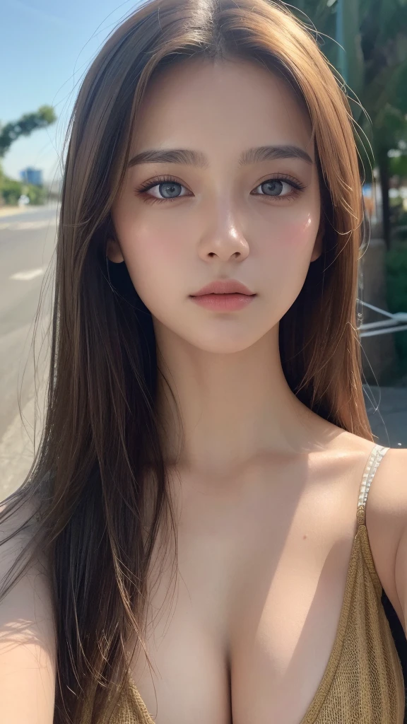 8K, Highest quality, masterpiece, Ultra-high resolution, (realism: 1.4), Original photo, (Realistic skin texture: 1.3), (Film Grain: 1.3), (Selfie angle), 1 Girl, Beautiful eyes and facial details, masterpiece, Highest quality, close, Upper Body, Big tits watching the viewer