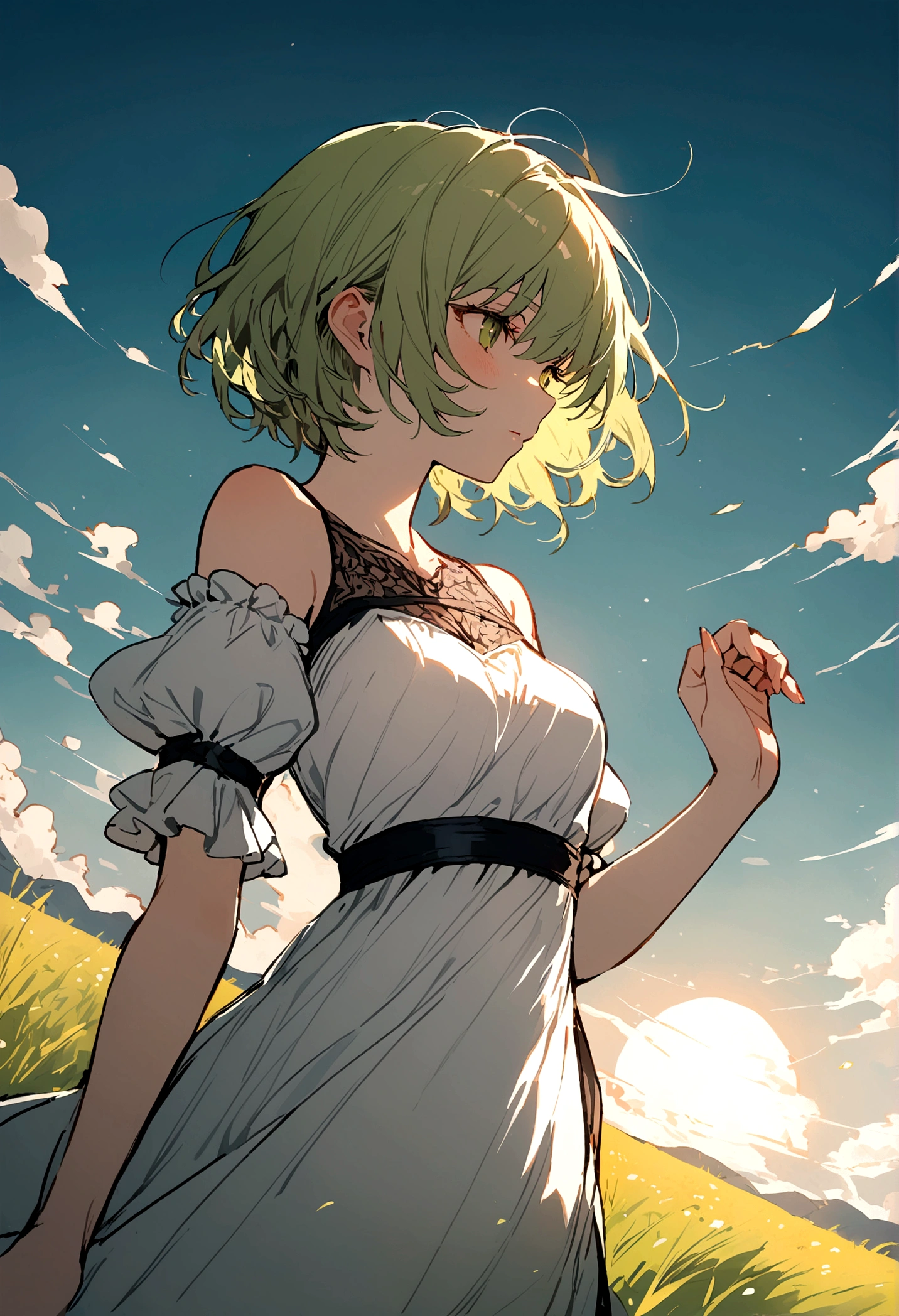 Girl with short hair,grassland,wind
