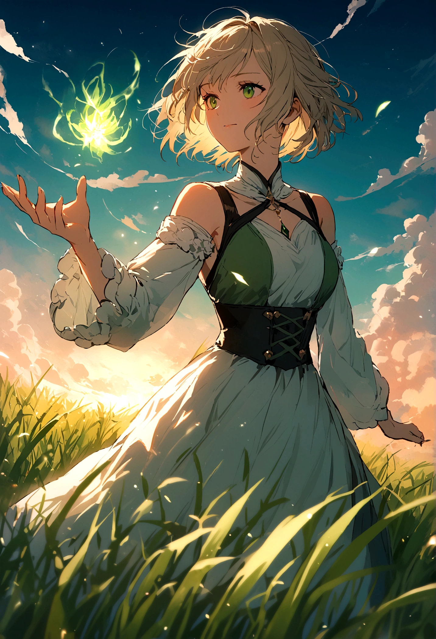 Girl with short hair，grassland，wind