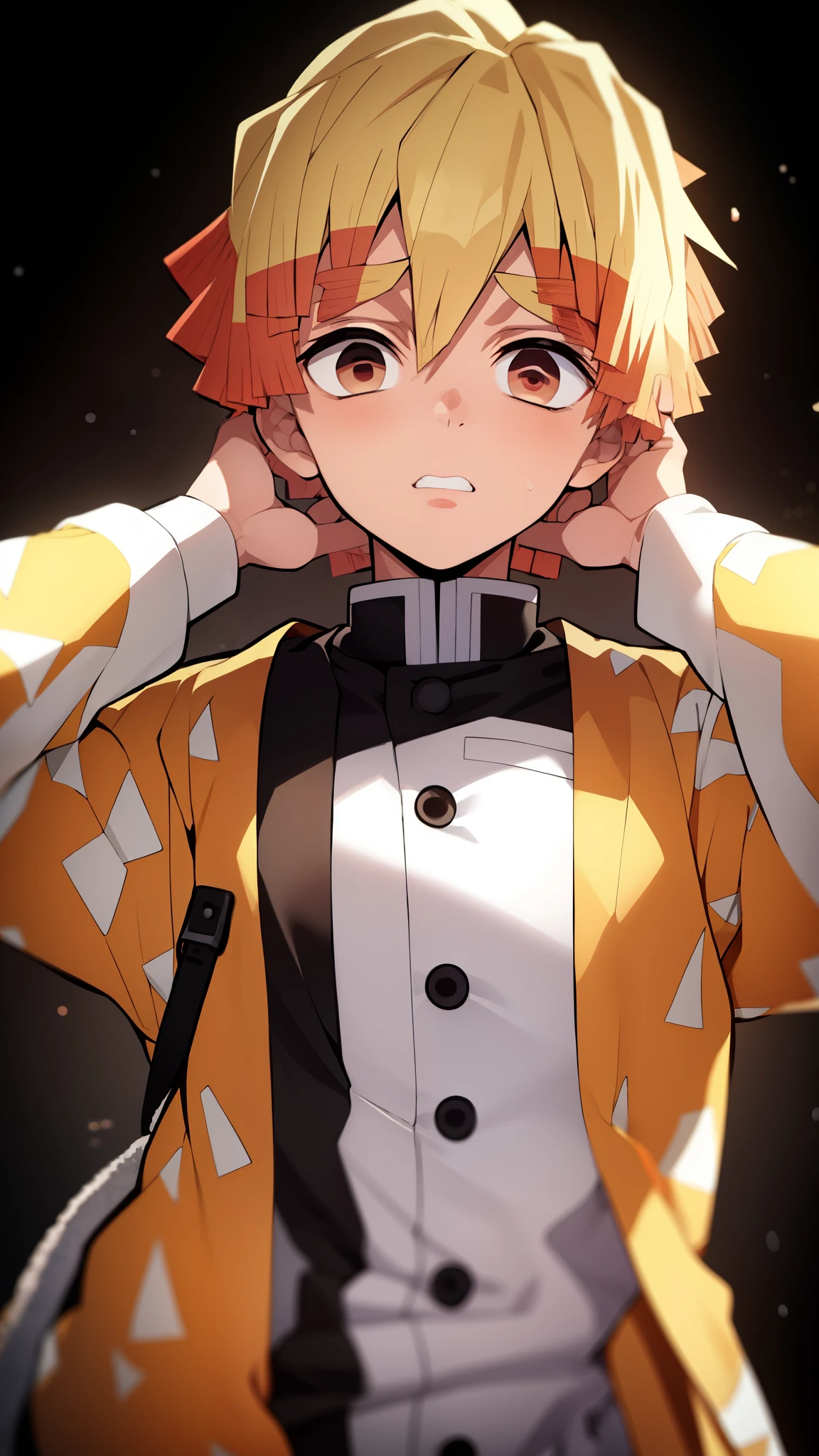 masterpiece, best quality, high quality, 1boy, solo, male focus, looking at viewer, upper body, agatsuma_zenitsu, blonde hair, demon_slayer_uniform,