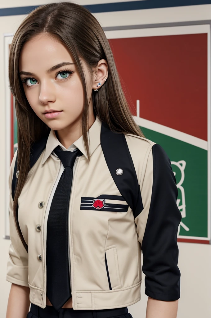 Screenshot Boku no Hero Academia. young woman. White skin. light brown hair. Straight hair, straight cut a little more over the shoulders with a part in the middle. light green eyes. slanted eyes. black eyeliner under the eyes. ear piercings. attractive. he would be. fun. wear uniform, red tie and gray jacket. classroom background