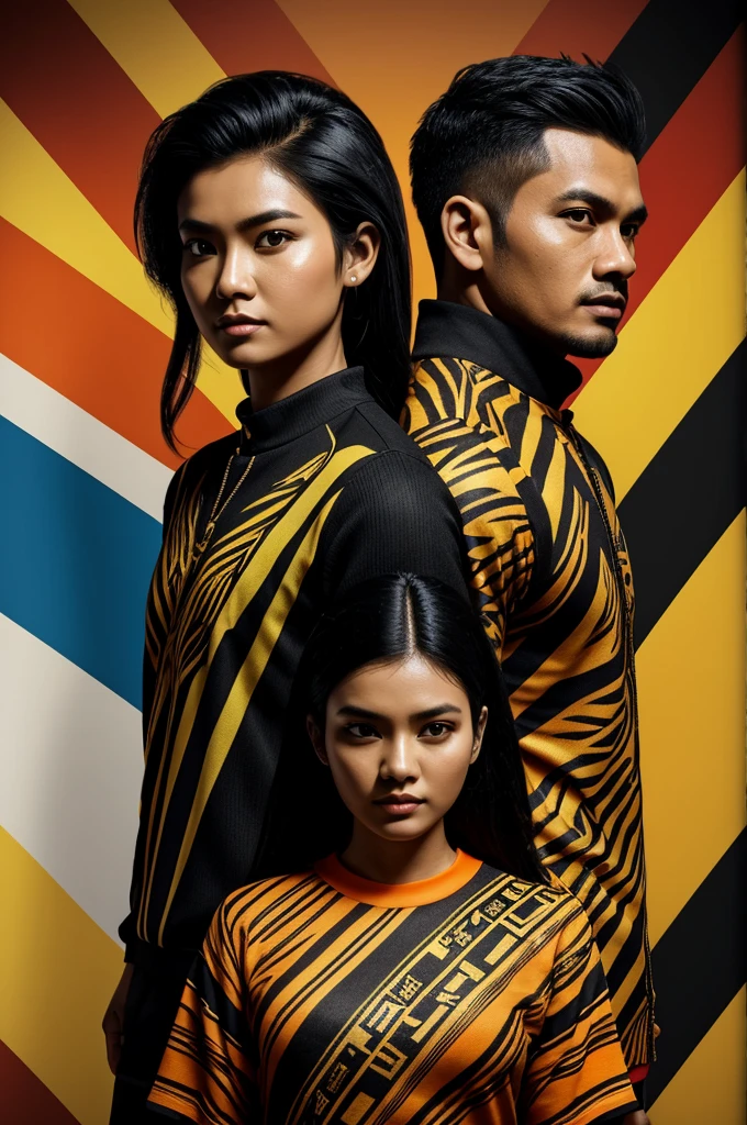 A real image full body of A captivating and stunning concept art piece featuring a Malay couple, dressed in modern, sports sweater outfit adorned with black-yellow-orange tiger stripes theme, inspiration from Malaysia's flag color stripes. The woman has long, black hair and the man has a spiky hairstyle. The outfits are rendered in incredible detail with unique batik art and modern pattern, utilizing the power of Unreal Engine 5 and captivating viewers with their fantastical concept and 8k resolution. The background is white