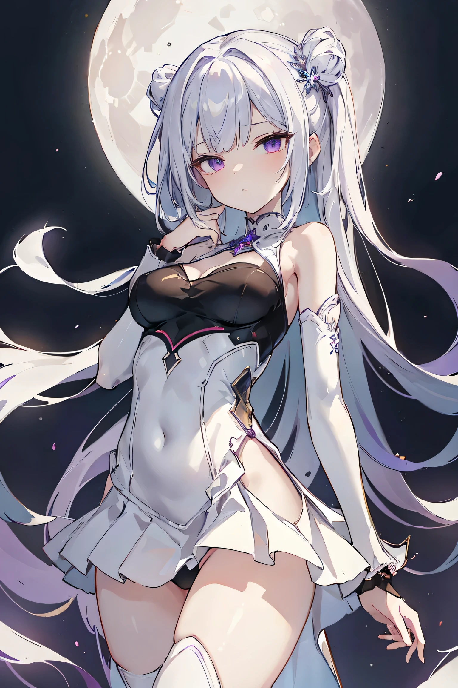 1girl, anime, cute girl, blank background, white background, fantasy, detailed fantasy dress with highlights, beautiful face, beautiful eyes, dark colors, black hair with multicolor streaks, red eye with different color pupil in eye, multicolor eye, medium breasts, slight cleavage, beautiful skin, cute, breast curtains, extremely delicate and beautiful, (beautiful detailed face:1.0), (detailed deep eyes), symmetrical breasts, deep eyes, shiny skin, portrait, slender waist, hips wider than shoulders, thighs, expressionless, young girl, luminous eyes, adorable,(Kpop idol),(aegyo sal:1),(Platinum blonde hair:1),((puffy eye)),Black panty,sexy posture,Superskirt, Ultra-high resolution,Black collar,slim figure, Abdominal y tattoo, womb tattoo,Tight-fitting leg ring,y tattoo on half-body,Bare skin, Armored hand,Hidden fingertips,Hand covered,Arm covered,Fist covered,{{beautiful detailed fingers}}, tufts of hair, moderate beautiful breast:1.0,(masterpiece:1.2), best quality, high-res, HDR, perfect face, intricate armor, delicate blue filigree, intricate filigree, red metalic parts, detailed part, dynamic pose, dynamic lights, cute face, neutral expression, shuimobysim, lotus, Hanfu, maxi skirt, dress conservatively 1girl, solo, long blue hair, standing, One lady,14years,((White hair) ,(Shiny purple bodysuit with microskirt),((Fantasy, Moon Night)), gradient_eyes,