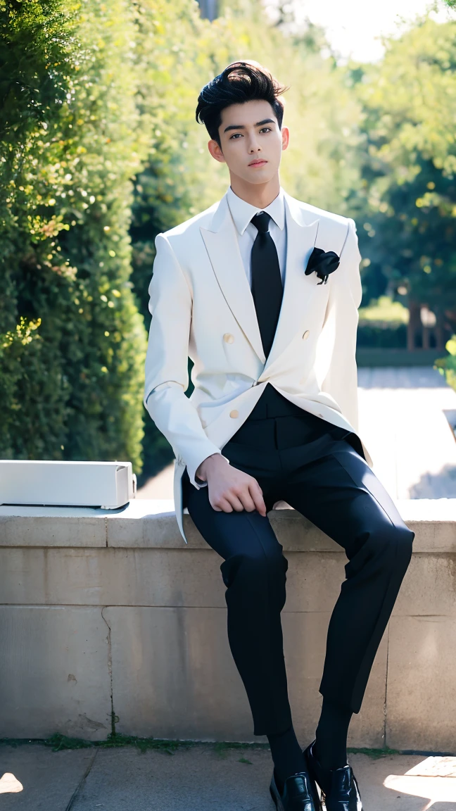 1 man, best quality, masterpiece, realistic, shortcut, white suit, black silk socks, black Oxford shoes, sitting, full body,fit body, super tall