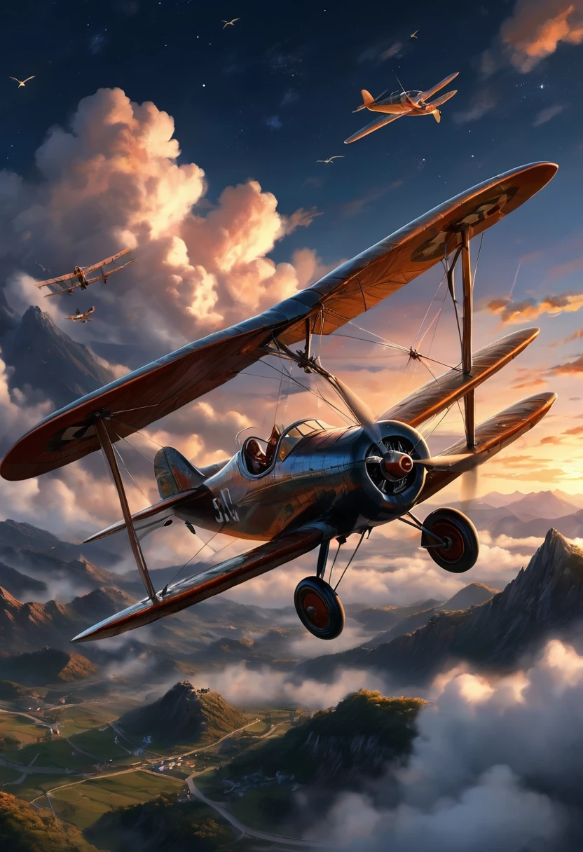  old plane，(aircraft,aircraft) Designs,Smart mechanics,Flying Machines,Driving skills,Mysterious clouds,expression of surprise, incredible views,Not available, in the sky,legend, aerodrome,stars, illuminating the night sky, joystick,Propeller sounds,Fly free,adventures,terraced,High Mountains,Brave Rabbit,Amazing sunset,Fly as much as you want,Through the clouds,Adventurous spirit,Shocking Scene,spreading its wings,Huge starry sky,A fusion of tradition and modernity.