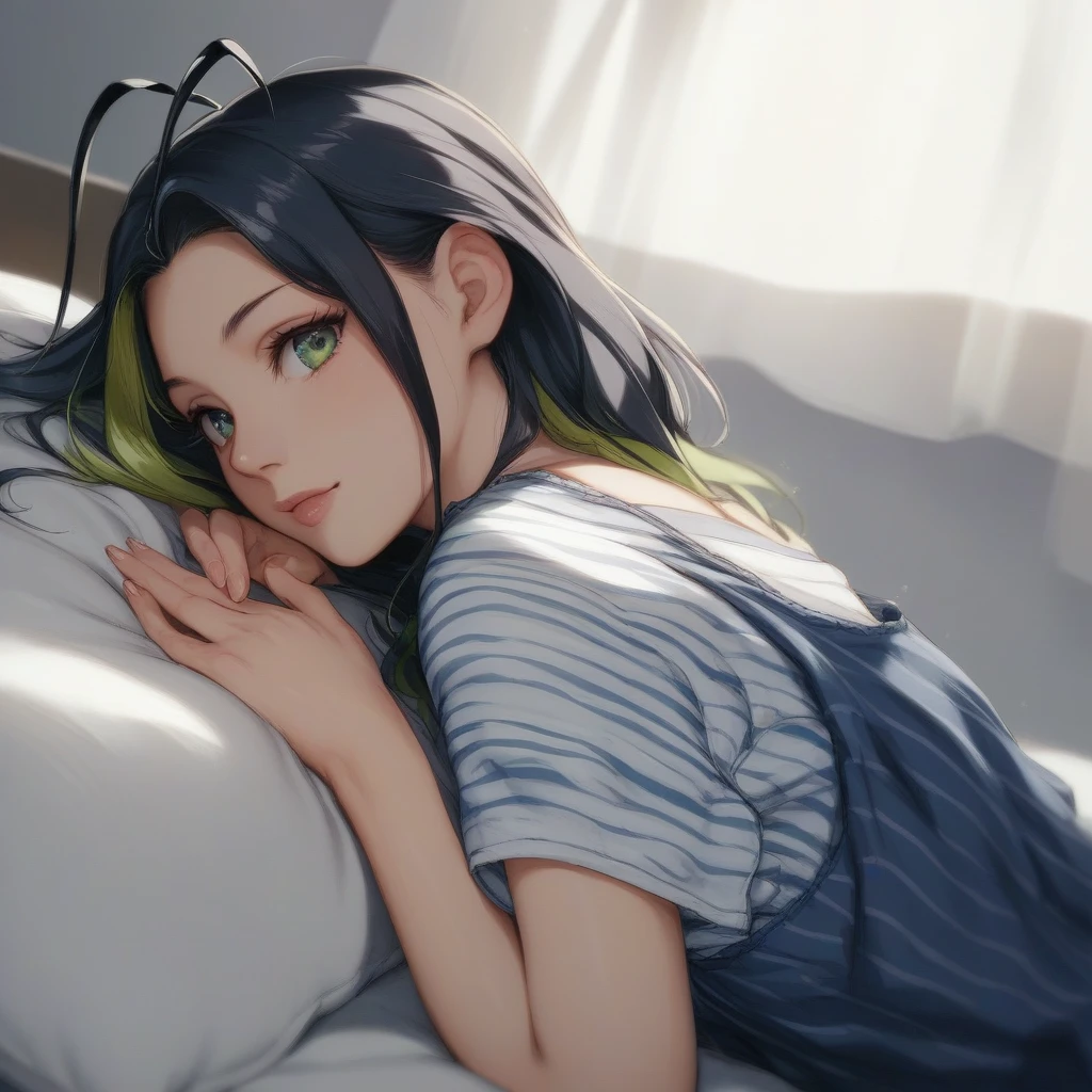 [Electric elements blue_Horizontal_striped flight_suit: starry stars cloud colorful:20] = [Electric elements blue_Horizontal_striped flight_suit: starry stars cloud colorful:2.0], hand drawing cartoon style 2d stick figure of a Electric_elements_circuit_girl, lie on bed, (detailed emerald eyes, jet-black hair,colored inner green ombre hair multicolored hair,antenna hair):1.21, standing, cowboy_shot, side_view, slightly looking at viewer, elegant pose, in ivory night_wear, using clean geometric shapes and lines to sleeping girl design drawings. The overall style should be flat, two-dimensional, and evoke old-school t-shirt graphics