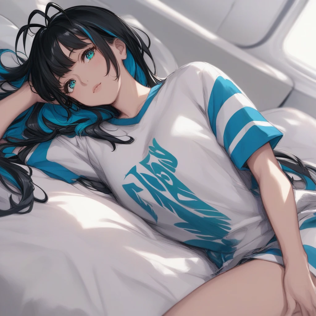 [Electric elements blue_Horizontal_striped flight_suit: starry stars cloud colorful:20] = [Electric elements blue_Horizontal_striped flight_suit: starry stars cloud colorful:2.0], hand drawing cartoon style 2d stick figure of a Electric_elements_circuit_girl, lie on bed, (detailed emerald eyes, jet-black hair,colored inner green ombre hair multicolored hair,antenna hair):1.21, standing, cowboy_shot, side_view, slightly looking at viewer, elegant pose, in ivory night_wear, using clean geometric shapes and lines to sleeping girl design drawings. The overall style should be flat, two-dimensional, and evoke old-school t-shirt graphics
