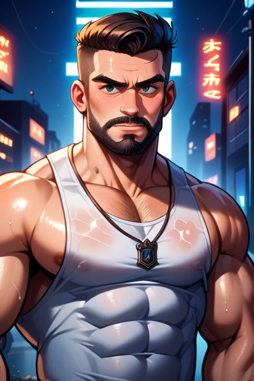 45 year old man(cobalt eyes; salt-and-pepper crew cut; epic jawline; rough; rugged; muscular and imposing; incredible beard; masculine; round-faced, Kurt Russell), Disney-style cgi, night time neon-lit streets crime scene with police lights; futuristic; dystopian; best quality; high detail; trending on artstation; complex volumetric lighting; grungy white tank top; 80s action hero; sweaty; grimy; upper body shot; cop who plays by his own rules