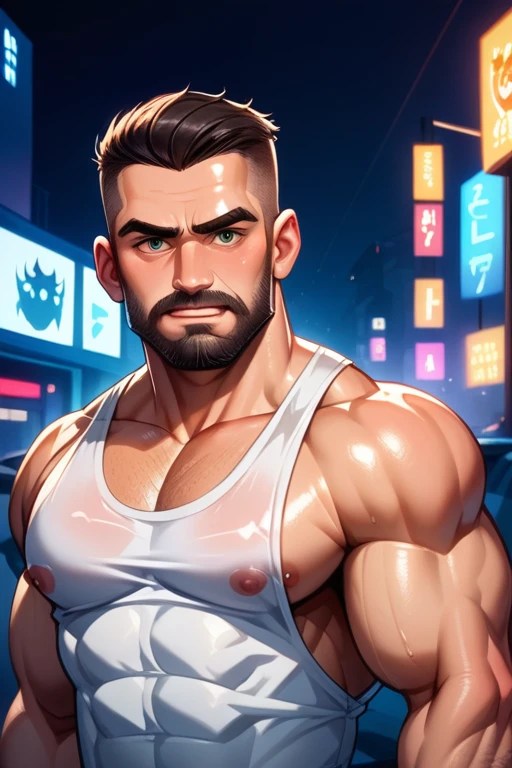 45 year old man(cobalt eyes; salt-and-pepper crew cut; epic jawline; rough; rugged; muscular and imposing; incredible beard; masculine; round-faced, Kurt Russell), Disney-style cgi, night time neon-lit streets crime scene with police lights; futuristic; dystopian; best quality; high detail; trending on artstation; complex volumetric lighting; grungy white tank top; 80s action hero; sweaty; grimy; upper body shot; cop who plays by his own rules