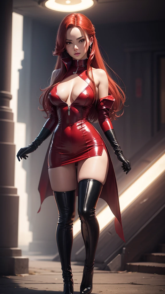 ((best quality)), ((masterpiece)), ((full body)), dark background, sexy red head girl with a team rocket outfit, thigh high boots, long white gloves