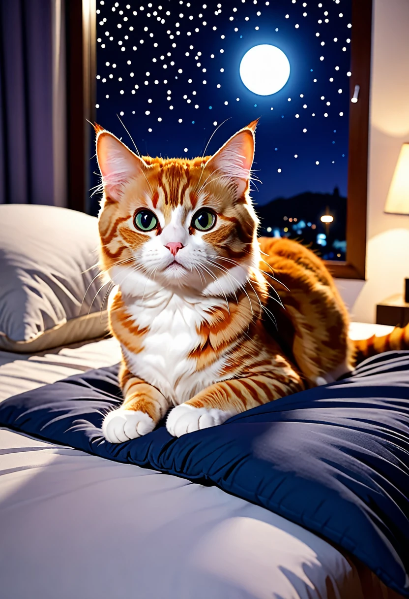 8k,high quality,cat, cute,on the bed,midnight