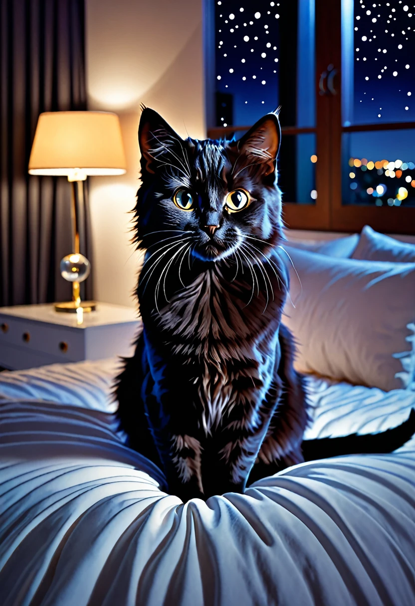 8k,high quality,cat, cute,on the bed,midnight
