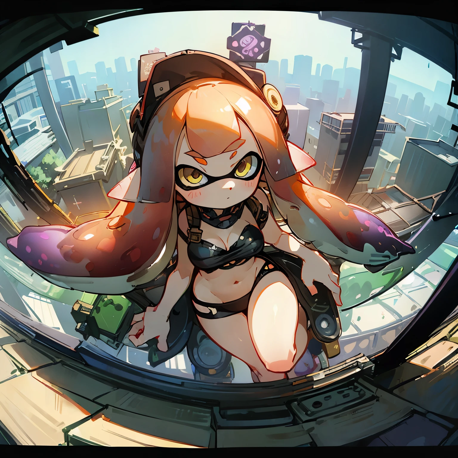 Absurd, High resolution, Very detailed, (1. splatoon girl:1.3), smile、A slightly thinner face、Golden Eyes、Big Breasts、Cleavage、broken, Design a beautiful temple scene, Complex architecture, Lush garden, A sense of peace and spirituality. broken, Create a devastating image of the devil with terrifying features, Dark Power, A desire for chaos and destruction. broken, Designed with a fisheye effect image that captures a wide field of view with a unique curved viewing angle. break to create rooftop views in urban environments with panoramic cityscapes, Dramatic Skyline, and elation. break , Depict a tender moment between parent and  , Capture their bond, like, Connecting. broken, Draw an image using pointillism, Carefully arranging small colored dots、Cohesive、Create a visually appealing whole。.