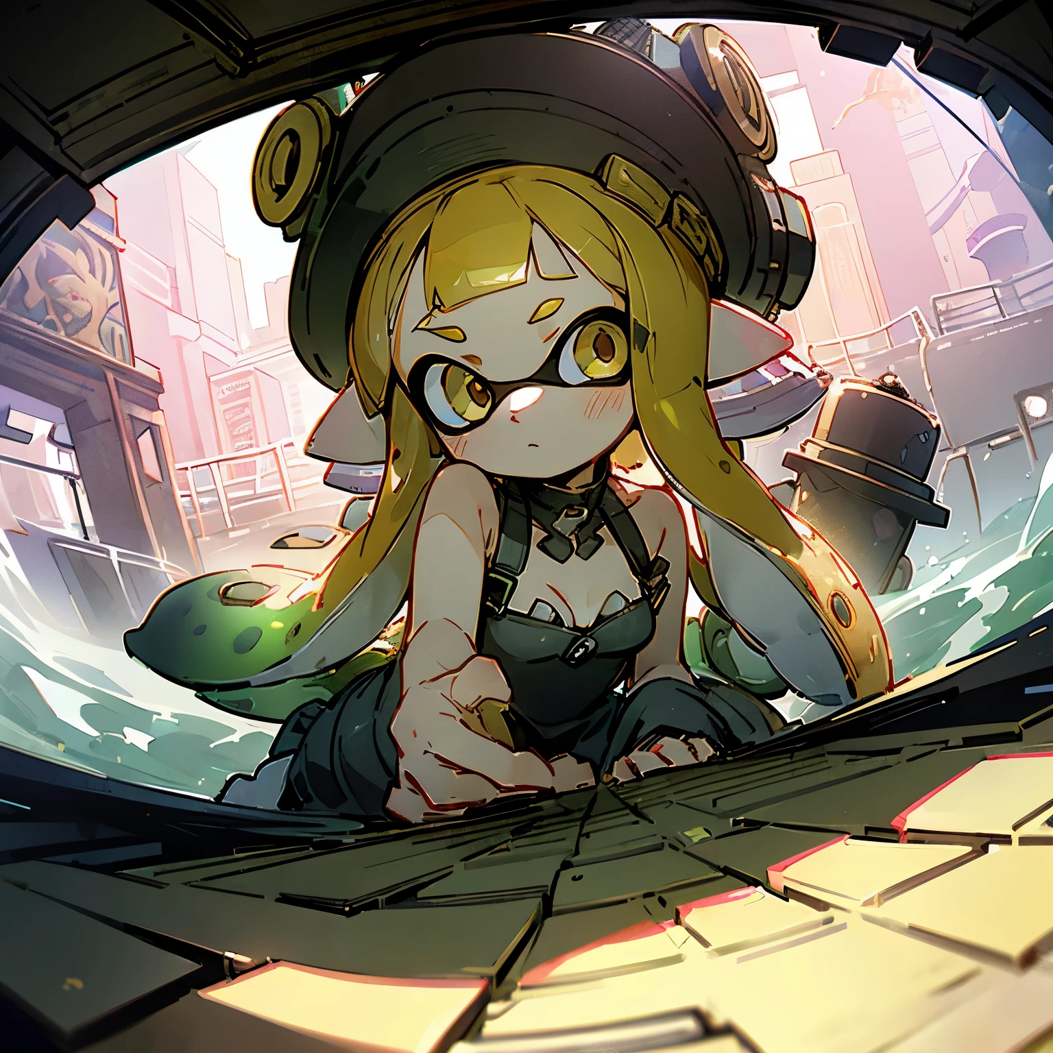 Absurd, High resolution, Very detailed, (1. splatoon girl:1.3), smile、A slightly thinner face、Golden Eyes、Big Breasts、Cleavage、broken, Design a beautiful temple scene, Complex architecture, Lush garden, A sense of peace and spirituality. broken, Create a devastating image of the devil with terrifying features, Dark Power, A desire for chaos and destruction. broken, Designed with a fisheye effect image that captures a wide field of view with a unique curved viewing angle. break to create rooftop views in urban environments with panoramic cityscapes, Dramatic Skyline, and elation. break , Depict a tender moment between parent and , Capture their bond, like, Connecting. broken, Draw an image using pointillism, Carefully arranging small colored dots、Cohesive、Create a visually appealing whole。.