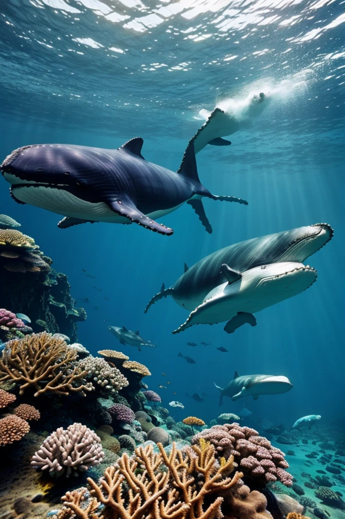 Underwater world with whales, shipwrecks and corals