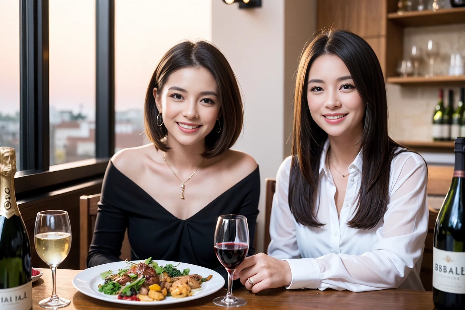 ((Highest quality、8K、masterpiece:1.3))、1 male、1 female、spouse、Beautiful couple、Smile、full-course dinner、 (Slim face), (the body is スリム), (Brown Hair), (Shortcuts), ((Bob Hale、Straight hair:1.2)), テーブルの上のwine glass、Shine light on your face、 Amazing view of the sunset sky and clouds、The beauty of a smile、Bright image、Blushing, Shortcuts, (Age 35), 39 years old, Appetizers、Italian food、Wine bottle、Champagne、sparkling wine、Long sleeve shirt、dress、Attractive beauty、restaurant, Nova Frog Style, actress, model, Upper Body, White wine, red wine, wine glass, 