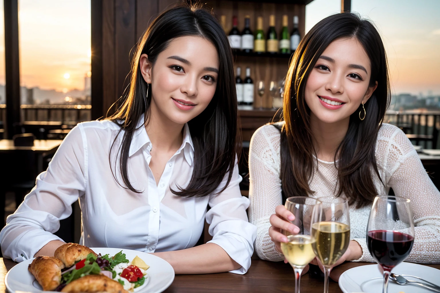 ((Highest quality、8K、masterpiece:1.3))、1 male、1 female、spouse、Beautiful couple、Smile、full-course dinner、 (Slim face), (the body is スリム), (Brown Hair), (Shortcuts), ((Bob Hale、Straight hair:1.2)), テーブルの上のwine glass、Shine light on your face、 Amazing view of the sunset sky and clouds、The beauty of a smile、Bright image、Blushing, Shortcuts, (Age 35), 39 years old, Appetizers、Italian food、Wine bottle、Champagne、sparkling wine、Long sleeve shirt、dress、Attractive beauty、restaurant, Nova Frog Style, actress, model, Upper Body, White wine, red wine, wine glass,