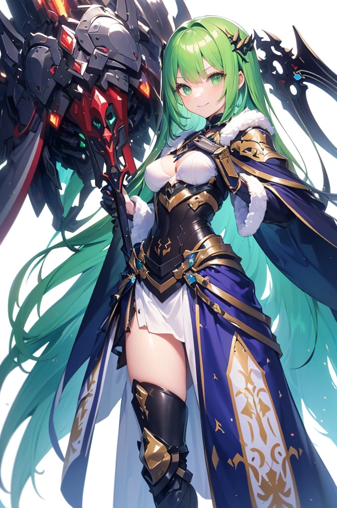 1 little cute girl, dynamic posing,light green wave hair, green eyes, (Holding a extra gigantic mechanical battle weapon:1.3), (evil smilk:1.2),serious,(small breasts:1.3), (white background:1.2), purple knight fur_cloak, (fantasy knighy armor:1.3), long skirt, light smile, green hair ornament