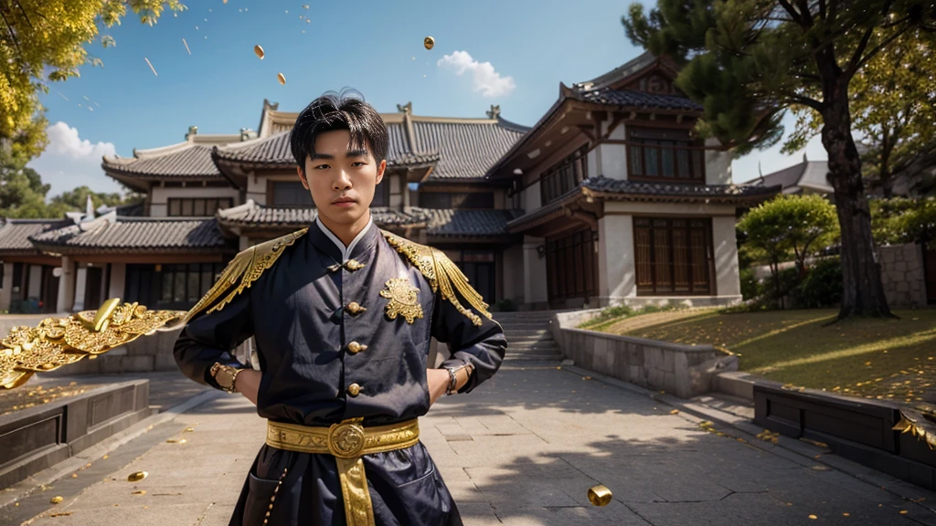 a man korean in front of a mansion full of gold coins falling from the sky, ultra detailed image, realism, 8k, hyper detailed skin, intense and vivid colors. C'est un lycéen en uniforme.