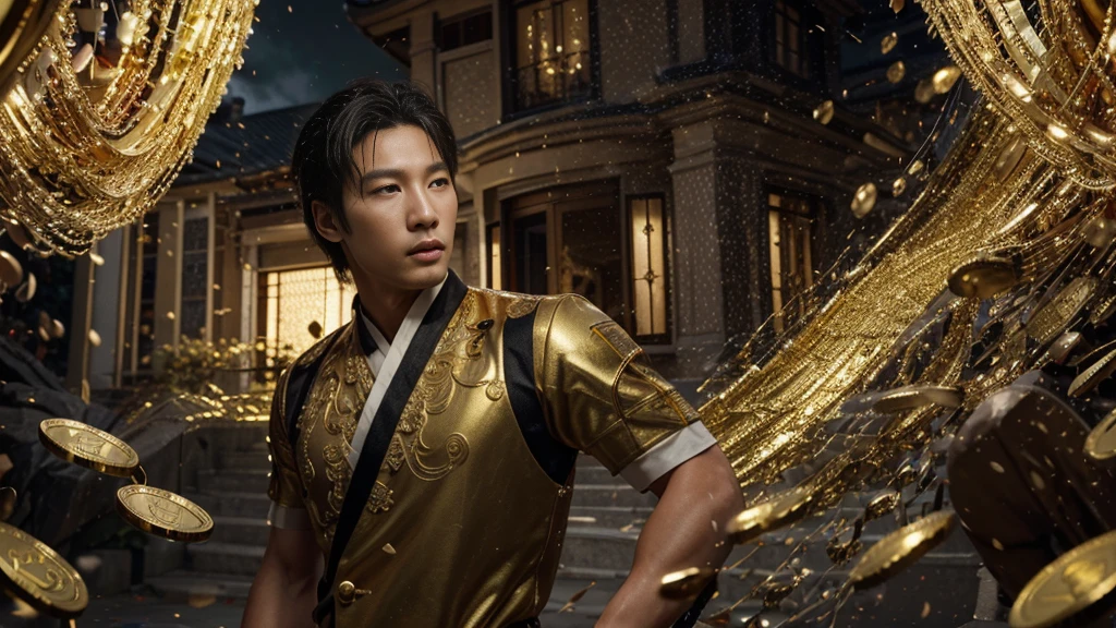 a man korean in front of a mansion full of gold coins falling from the sky, ultra detailed image, realism, 8k, hyper detailed skin, intense and vivid colors. C'est un lycéen en uniforme.