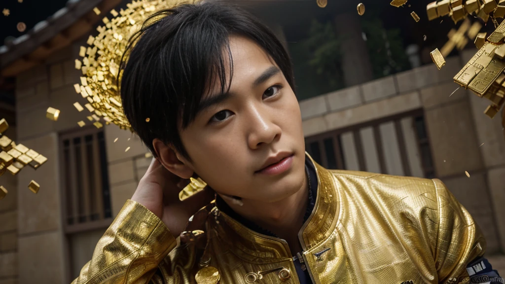 a man korean in front of a mansion full of gold coins falling from the sky, ultra detailed image, realism, 8k, hyper detailed skin, intense and vivid colors. C'est un lycéen en uniforme.