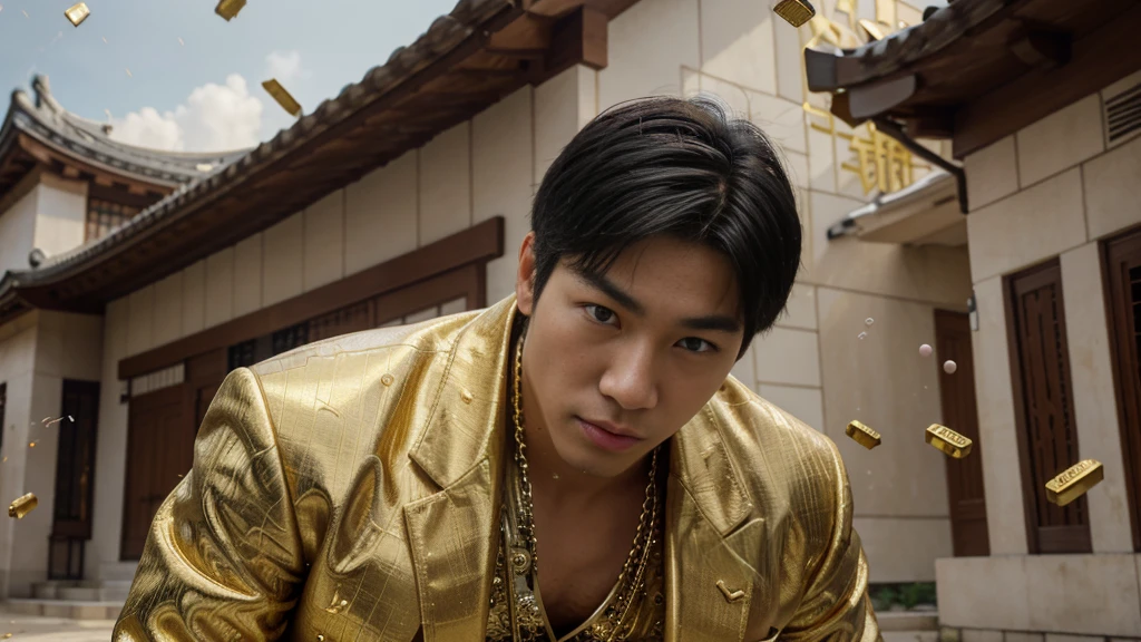 a man korean in front of a mansion full of gold coins falling from the sky, ultra detailed image, realism, 8k, hyper detailed skin, intense and vivid colors. C'est un lycéen en uniforme.