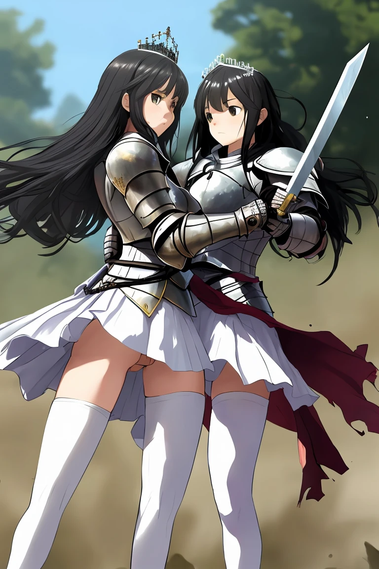 Sisters　Height difference　female knight　armor　Black Hair　tiara　Shortcuts　sword　Torn white skirt　Torn white tights　No underwear　Pussy　A regretful look　battlefield　In combat　