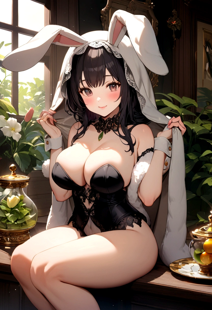 Tabletop, Highest quality, figure, Super detailed, In detail, High resolution, 8k wallpaper, Perfect dynamic composition, Beautiful attention to detail, Natural Lip, Big Breasts:1.3, ランダムなSexyポーズ,RAW Photos,cute,smile、(Wearing a rabbit costume:1.4)、Black Costume、Sexy、High exposure