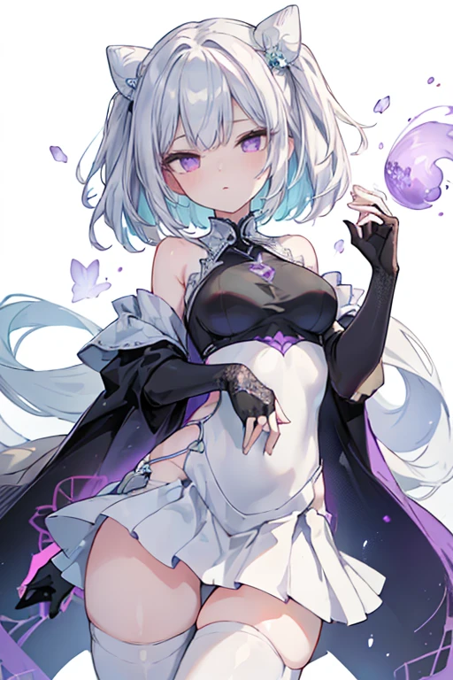 1girl, アニメ, cute girl, blank background, white background, fantasy, detailed fantasy dress with highlights, beautiful face, beautiful eyes, dark colors, black hair with multicolor streaks, red eye with different color pupil in eye, multicolor eye, medium breasts, slight cleavage, beautiful skin, cute, breast curtains, extremely delicate and beautiful, (beautiful detailed face:1.0), (detailed deep eyes), symmetrical breasts, deep eyes, shiny skin, portrait, slender waist, hips wider than shoulders, thighs, expressionless, young girl, luminous eyes, adorable，（Kpop idol）,（aegyo sal：1），（Platinum blonde hair：1），（（puffy eye）），Black panty，sexy posture，Superskirt, Ultra-high resolution，Black collar，slim figure, Abdominal y tattoo, womb tattoo，Tight-fitting leg ring，y tattoo on half-body，Bare skin, Armored hand，Hidden fingertips，Hand covered，Arm covered，Fist covered,{{beautiful detailed fingers}}, tufts of hair, moderate beautiful breast:1.0,(masterpiece:1.2), best quality, high-res, HDR, perfect face, intricate armor, delicate blue filigree, intricate filigree, red metalic parts, detailed part, dynamic pose, dynamic lights, cute face, neutral expression, shuimobysim, lotus, Hanfu, maxi skirt, dress conservatively 1girl, 独奏, long blue hair, standing, One lady,14years,((White hair) ,(Shiny purple bodysuit with microskirt),((Fantasy, Moon Night)), gradient_eyes,