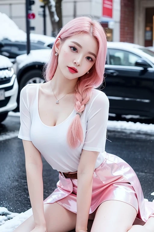 1 girl, Korean model, extremely beautiful, perfect body. Photo taken with Canon EOS R5 85mm f/11 Camera, ((sharp)) mode of people and surrounding scenery. Image quality ((8K)), ((lifelike)), ((masterpiece)), ((sharp and highest contrast)), ((great depth of field)), ((light stereolithography)). ((Pink hair)), long and smooth, the wind blows it beautifully under the bright sunlight. Beautiful face, perfect and sexy, holy, perfectly balanced, ((beautiful in every detail)), ((shiny)), ((high-end cosmetic makeup)), ((shiny bright, radiant)). Bright smile, pure white teeth and details. Seductive glossy red lips, ((brilliant glossy red lipstick)). The eyes are brown, glossy, seductive, ((sharp makeup)), realistic, ((wet eyes)) and detailed. Pink eyeshadow, long eyelashes, blush, high-end cosmetics. Two delicate eyelids, perfectly beautiful and detailed, black eyelashes. Eyebrows are curved, sparse, sharp and detailed. High and detailed nose. Cheeks are prominent and detailed. ((Ivory white, bright white skin)), detailed pores, ((shiny skin)), smooth, rosy, flawless skin texture. Long, shiny legs. Beautiful, perfect hands, ((no flaws)). ((Light shines directly on the face)), bright sunlight, ((shines light on the front part of the girl's body)).
Earrings, necklace, belt, ((thin shirt)), ((shiny leather skirt)), high heels, bracelets.
Close-up photo of girl on the street, ((white snow)), cold wind, icy, cold, numb, ((frozen)), snowflakes, , magical, dreamy, waiting , ((hope)), ((an ancient spear)).