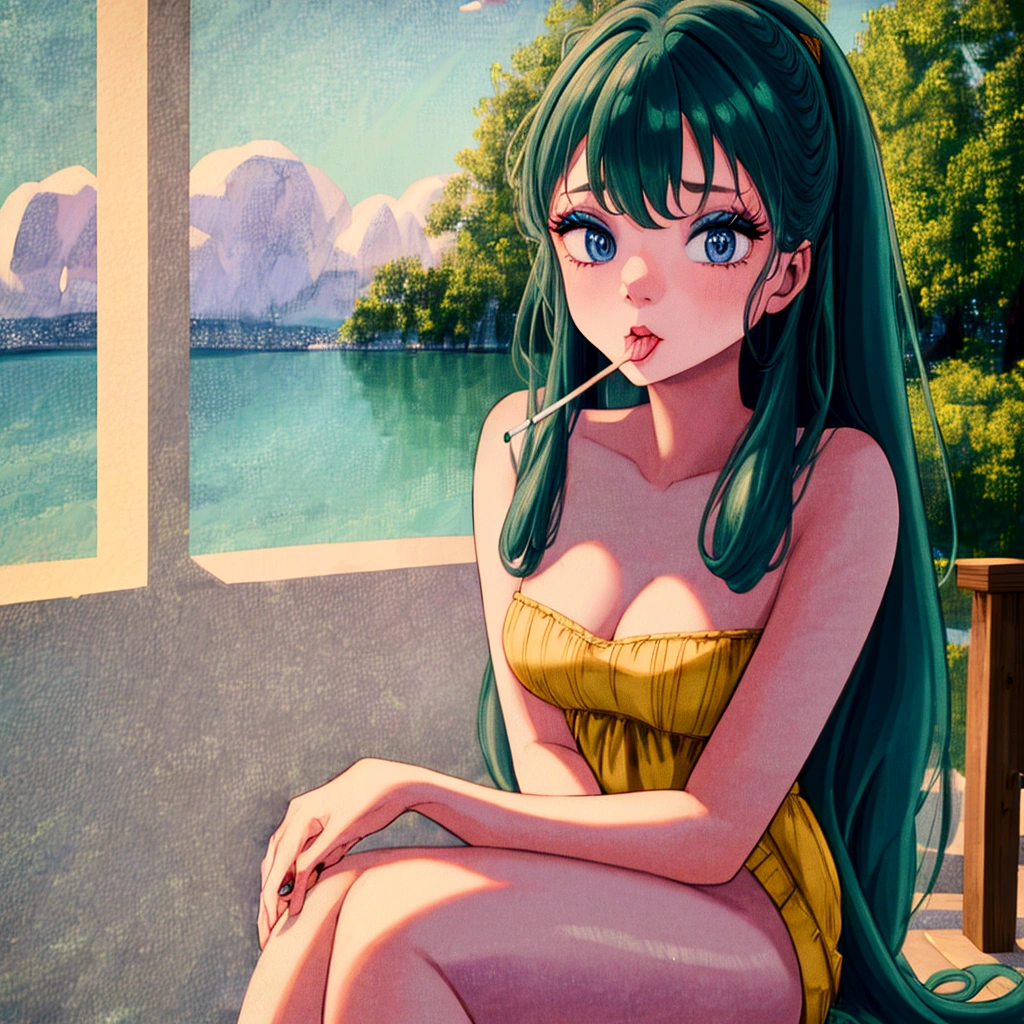 score_9, score_8_up, score_7_up, Lum, solo, retro artstyle, 1980s style, blue eyes, eyeshadow, green hair, long hair, bangs, sitting on a tree, holding a lollipop, licking the lollipop, experiencing bliss, 1girl, beautiful detailed eyes, beautiful detailed lips, extremely detailed face and features, longeyelashes, adorable, whimsical, dreamlike, soft lighting, pastel colors, warm tones, cinematic, (best quality,4k,8k, highres, masterpiece:1.4), ultra-detailed, saliva is drop,