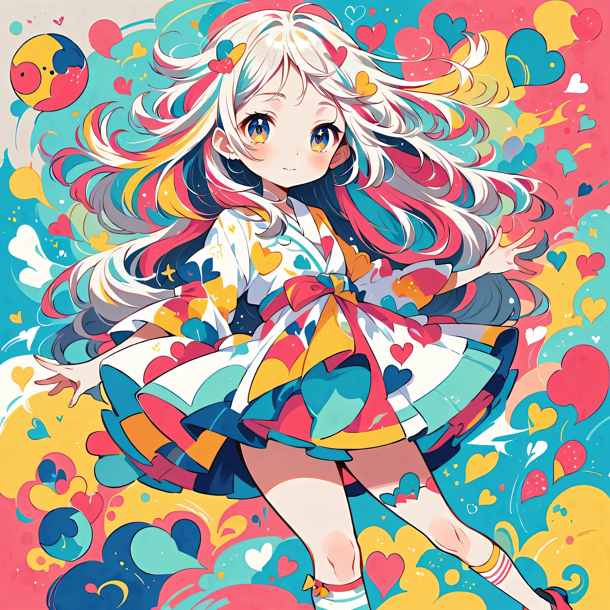 Mika Pikazo style, Simple Line Initialism,Abstract art,Urban Background, colorful hearts ,colorful hearts, (((The most beautiful girl of all time))), walking, Cute and colorful amoeba