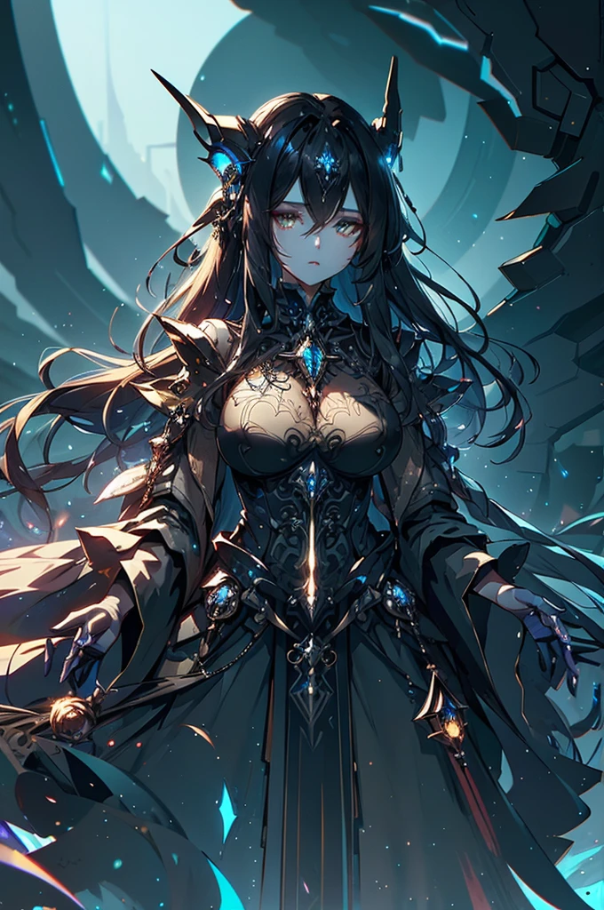 A hauntingly alluring elf with cybernetic enhancements, her delicate features enhanced by dark, shimmering metallic protrusions and glowing neon accents woven into her flowing hair. This concept art depicts her standing amidst a barren wasteland, her piercing eyes gazing into a distant horizon. The image is a digitally-rendered painting, brimming with intricate details and vibrant colors that pop against the stark background. The level of detail and the blend of futuristic and fantastical elements make this artwork a visually striking masterpiece, inviting viewers to immerse themselves in the mysterious world of this augmented elf.
