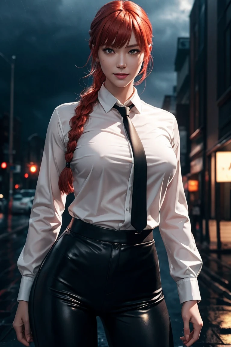 Chainsaw Man,Makima,With bangs,Red Hair,Braids at the back,Golden Eyes,White long sleeve shirt,Black tie,Black Leather Pants,Ultra HD,super high quality,masterpiece,Digital SLR,Photorealistic,Detailed details,Vivid details,Depicted in detail,A detailed face,Detailed details,Super Detail,Realistic skin texture,Anatomical basis,Perfect Anatomy,Anatomically correct hand,Anatomically correct fingers,Complex 3D rendering,Sexy pose,Rainy Sky,Beautiful scenery,Fantastic rainy sky,Picturesque,Pink Lips,smile,