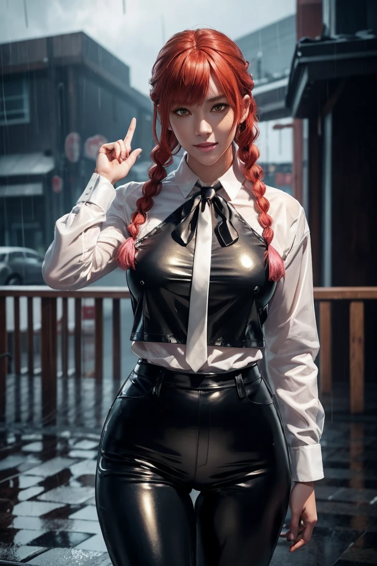 Chainsaw Man,Makima,With bangs,Red Hair,Braids at the back,Golden Eyes,White long sleeve shirt,Black tie,Black Leather Pants,Ultra HD,super high quality,masterpiece,Digital SLR,Photorealistic,Detailed details,Vivid details,Depicted in detail,A detailed face,Detailed details,Super Detail,Realistic skin texture,Anatomical basis,Perfect Anatomy,Anatomically correct hand,Anatomically correct fingers,Complex 3D rendering,Sexy pose,Rainy Sky,Beautiful scenery,Fantastic rainy sky,Picturesque,Pink Lips,smile,