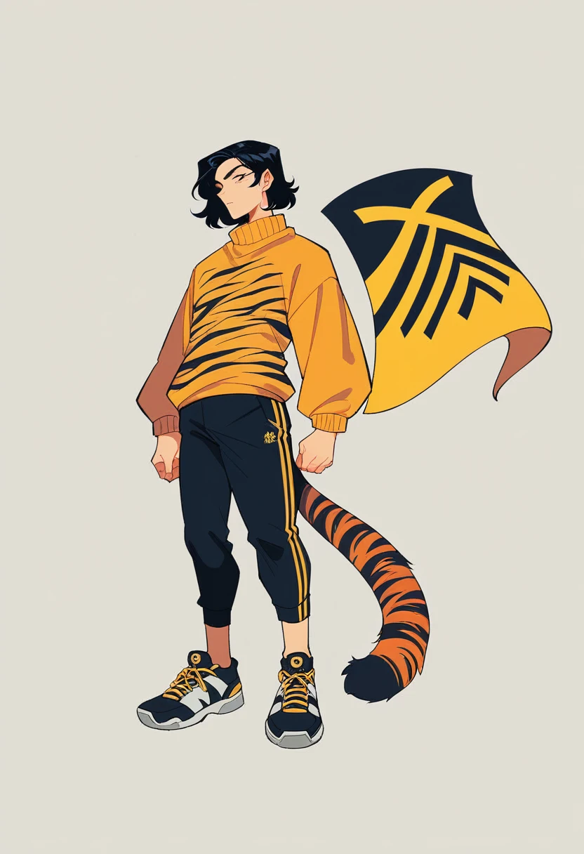 A real image full body of A captivating and stunning concept art piece featuring a Malay couple, dressed in modern, sports sweater outfit adorned with black-yellow-orange tiger stripes theme, inspiration from Malaysia's flag color stripes. The woman has long, black hair and the man has a spiky hairstyle. The outfits are rendered in incredible detail with unique batik art and modern pattern, utilizing the power of Unreal Engine 5 and captivating viewers with their fantastical concept and 8k resolution. The background is white