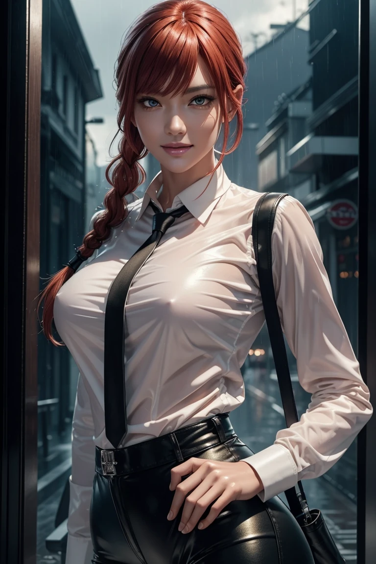 Chainsaw Man,Makima,With bangs,Red Hair,Braids at the back,Golden Eyes,White long sleeve shirt,Black tie,Black Leather Pants,Ultra HD,super high quality,masterpiece,Digital SLR,Photorealistic,Detailed details,Vivid details,Depicted in detail,A detailed face,Detailed details,Super Detail,Realistic skin texture,Anatomical basis,Perfect Anatomy,Anatomically correct hand,Anatomically correct fingers,Complex 3D rendering,Sexy pose,Rainy Sky,Beautiful scenery,Fantastic rainy sky,Picturesque,Pink Lips,smile,