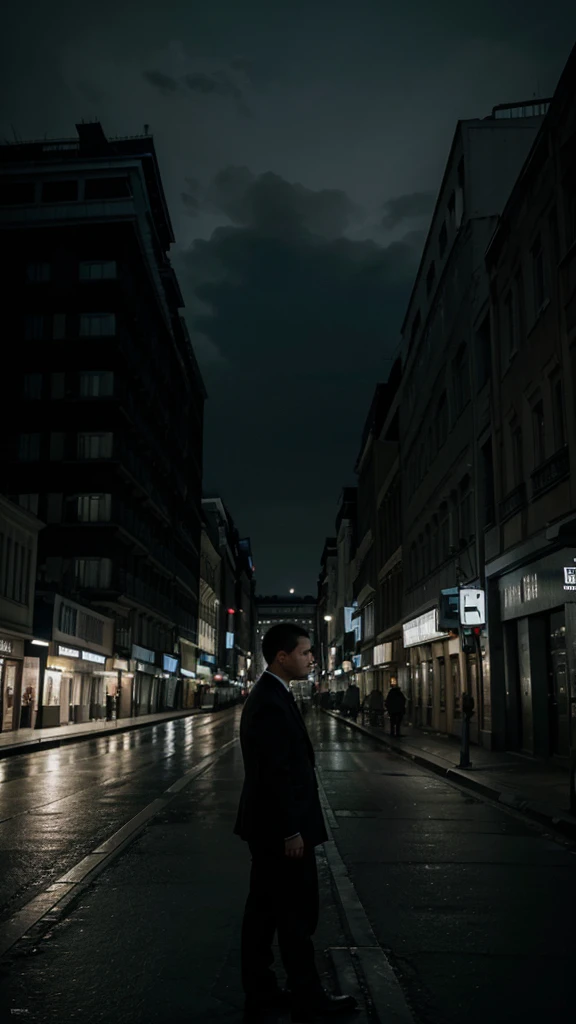 A striking cinematic illustration capturing the early years of Adolf Hitler in Vienna, Austria. The young Hitler stands alone, dressed in a simple suit, gazing intently at the cityscape. The background showcases the iconic Vienna architecture, with a mix of historic and modern buildings. The atmosphere is somber and dramatic, with a subtle monochromatic color palette, hinting at the dark times yet to come