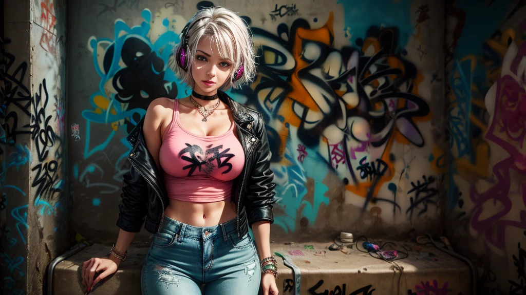 Masterpiece, Best Quality, 20 year old girl, sexy, very pretty, a slender figure, perfect body,normal chest, narrow waist, very defined pink lips,she has grayish white hair , She has short hair with a braid and big pale green eyes., transparent pink top that allows you to see her breasts and is tight, in short jeans, choker, (graffiti:1.5), blue old leather jacket, stretched out on an old sofa, looking at the viewer, bracelet, nod, bored, headphones, smile mischievous,very sexy, Various poses