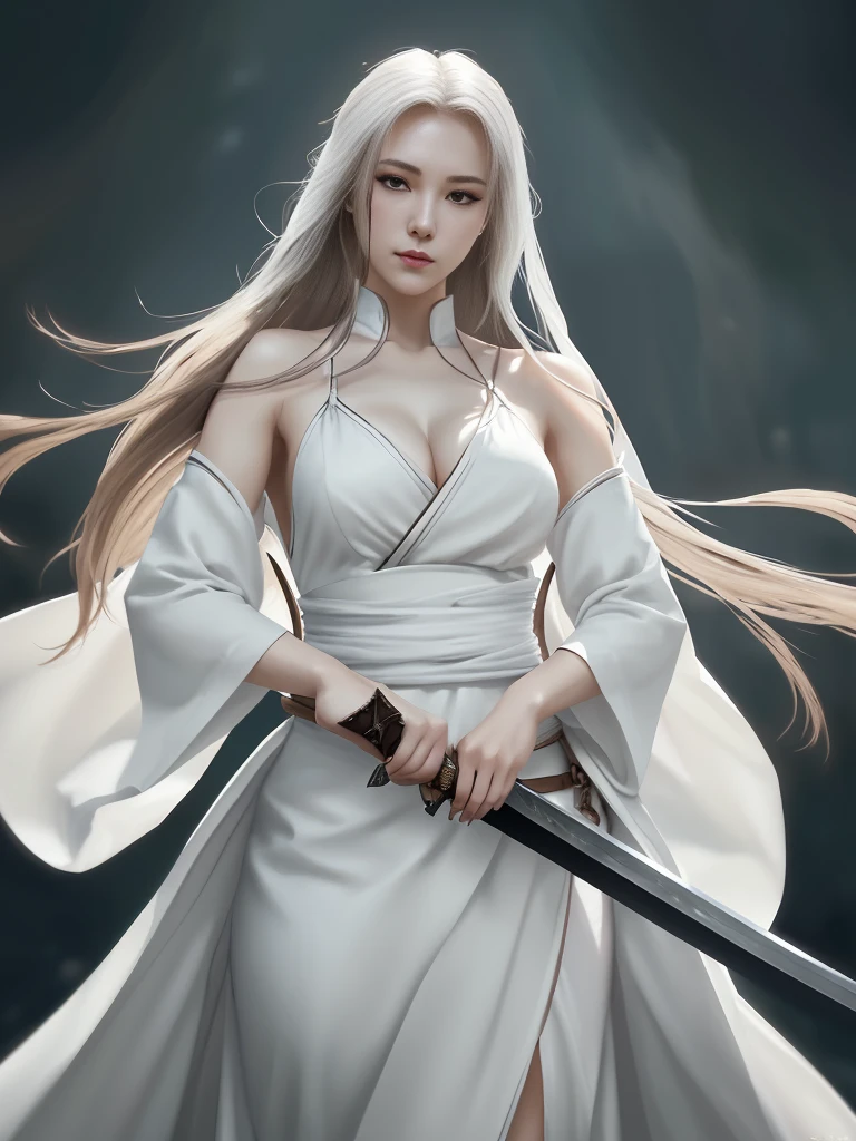 Close-up of a woman wearing a white dress and holding a sword, Portraits by Jan J., Trending on CGSociety, Fantasy art, Beautiful character drawings, artwork in the style of Gwaiz, Gwaiz, White Hanfu, Flowing white robes, Full body martial arts, Magnificent and elaborate character art, Amazing character art, beautiful female assassin