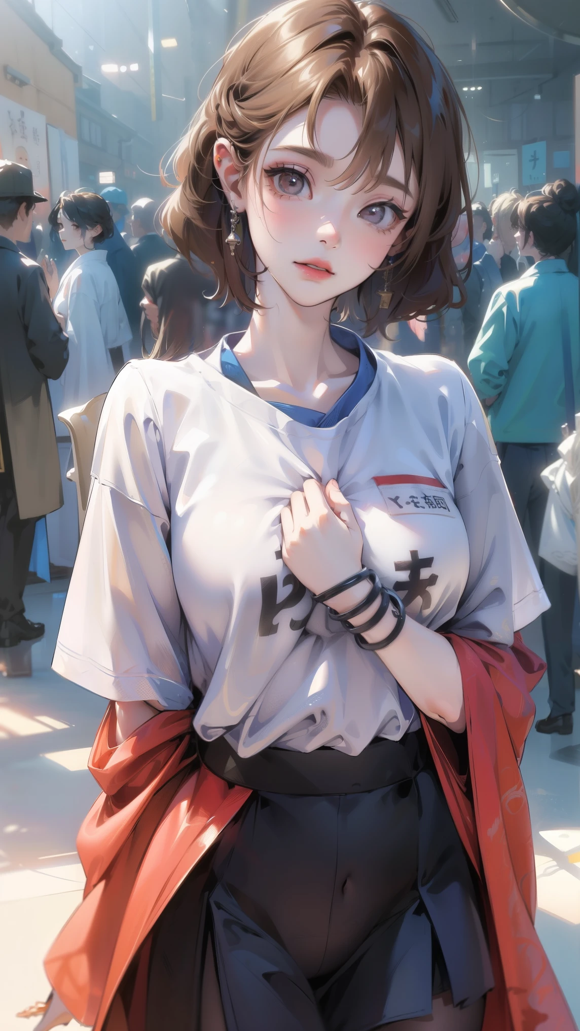 ((8K:1.27)、best quality、masterpiece、Ultra-high resolution:1.2)Japanese beauty photos(Pleasing to the Eyes:1.1) (t-shirt:1.21) design:Gregg Lutkowski and Alphonse Mucha both have a refined and elegant temperament、fantasy、detail、geometry、Gradient lighting、1 girl、Delicate skin、Looking at the audience、Brown eyes、(Short hair with bangs:1.2)、(Large breasts:1.0)、(middle areolae:0.8)、(Endless Realism:1.4)、(best quality:1.0)、(Ultra-high resolution:1.0)、8K、Original Photography、(masterpiece:0.2)、(Pure love face_v1:0.5)、 轻质无袖t-shirt、underwear、Saimai construction site、Very shy、Outdoor exposure、Twist the skirt yourself、show、Futomo、Embarrassing、present yourself、An expression of distress、
