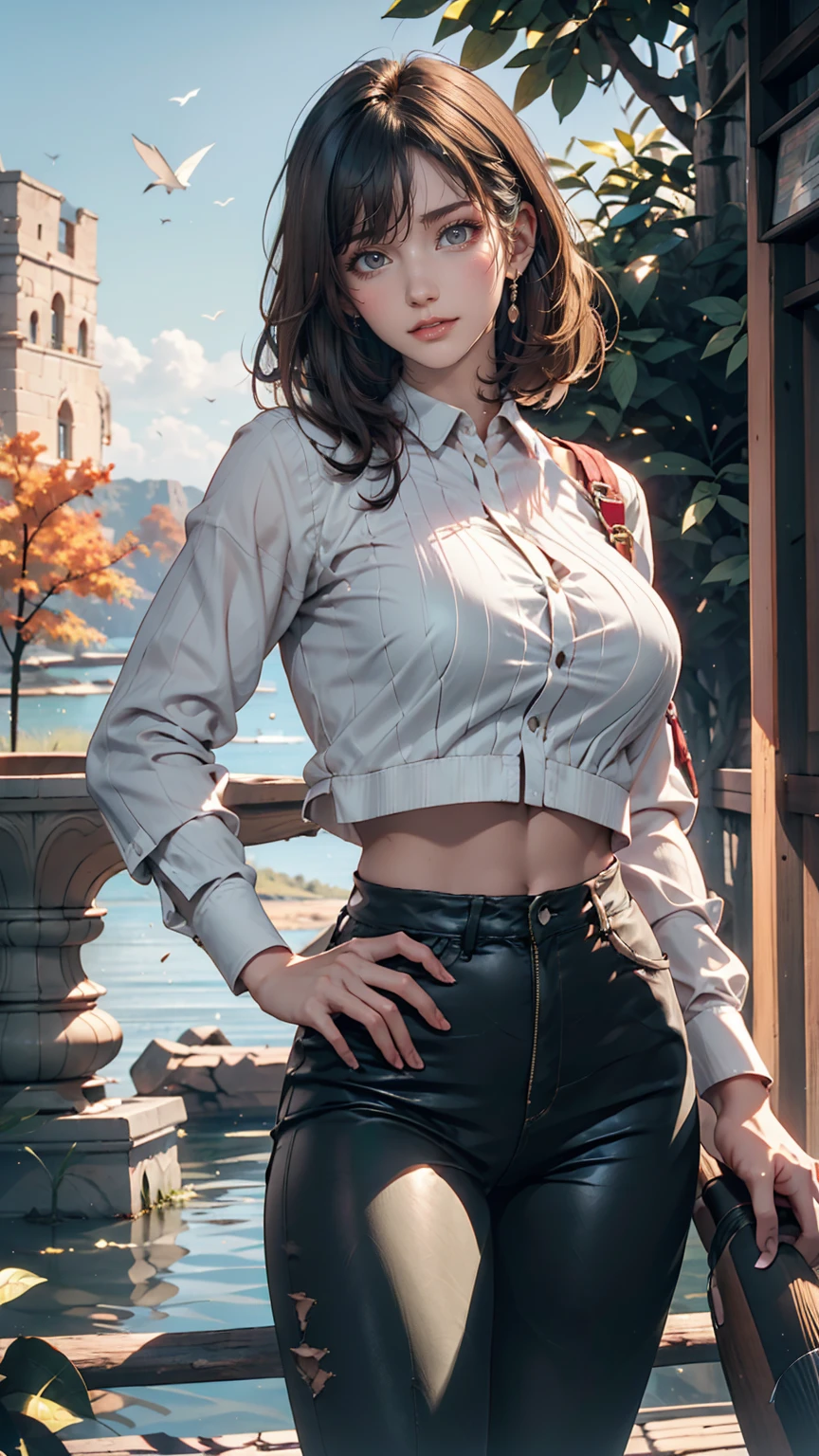 canyon ruins big tree pickaxe explorer explorer clothes hair green adult woman short hair ruins big lake absurdity big sky vast nature、24-year-old female、Sexy proportions、Sexy、Narrow waist、Place hands on hips