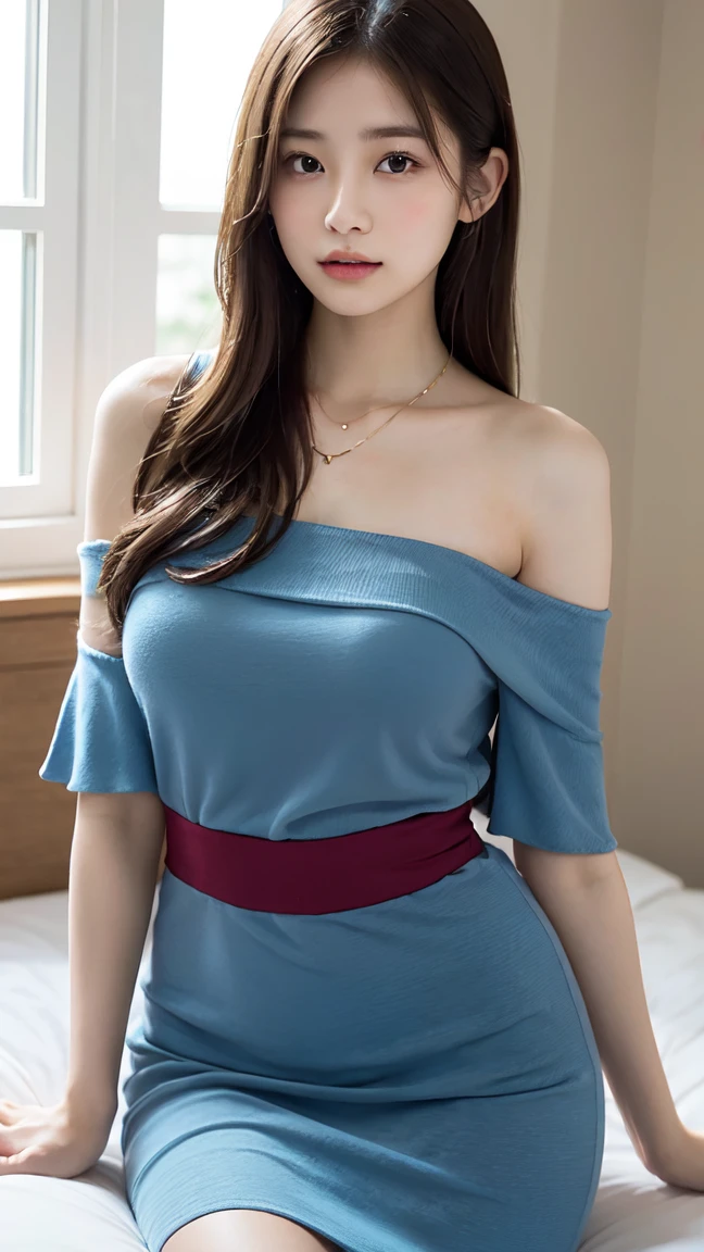 body、Full body Esbian、Lying in bed, Sexy model posing in bed, Very small waist、(Very large breasts:1.3)、Plump thighs、Natural Skin、Ultra-thin face、 Extremely thin hands, very thin fingers, Optimal ratio、Surreal, ((Cute Dresses、Too much exposed skin、Off the shoulder、The length is short and the thighs are visible))、Blushing cheeks、body covered in 、Cross Necklace、((18-year-old female:1.ung and adorable Japanese face, Official Art,Highly detailed CG Unity 8K wallpaper,(masterpiece:1.0),(Highest quality:1.0), Very detailed, photo shoot, 8K, Hmph, High resolution, Kodak Portrait 400, Film Grain, Lens flare brilliance,Portrait Shot,Show Viewer