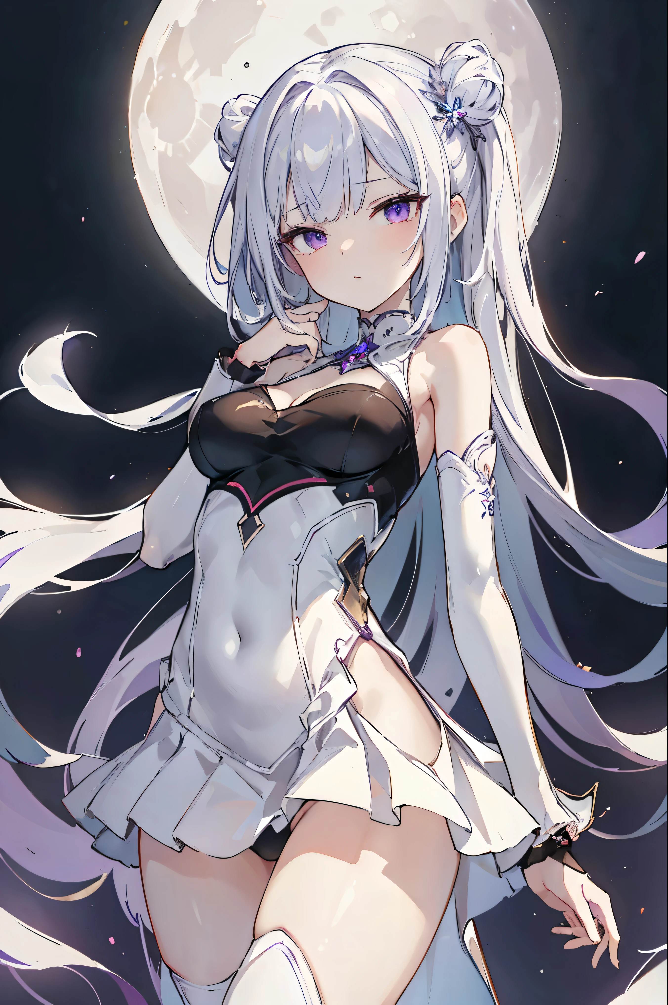 1girl, anime, cute girl, blank background, white background, fantasy, detailed fantasy dress with highlights, beautiful face, beautiful eyes, dark colors, black hair with multicolor streaks, red eye with different color pupil in eye, multicolor eye, medium breasts, slight cleavage, beautiful skin, cute, breast curtains, extremely delicate and beautiful, (beautiful detailed face:1.0), (detailed deep eyes), symmetrical breasts, deep eyes, shiny skin, portrait, slender waist, hips wider than shoulders, thighs, expressionless, young girl, luminous eyes, adorable,(Kpop idol),(aegyo sal:1),(Platinum blonde hair:1),((puffy eye)),Black panty,sexy posture,Superskirt, Ultra-high resolution,Black collar,slim figure, Abdominal y tattoo, womb tattoo,Tight-fitting leg ring,y tattoo on half-body,Bare skin, Armored hand,Hidden fingertips,Hand covered,Arm covered,Fist covered,{{beautiful detailed fingers}}, tufts of hair, moderate beautiful breast:1.0,(masterpiece:1.2), best quality, high-res, HDR, perfect face, intricate armor, delicate blue filigree, intricate filigree, red metalic parts, detailed part, dynamic pose, dynamic lights, cute face, neutral expression, shuimobysim, lotus, Hanfu, maxi skirt, dress conservatively 1girl, solo, long blue hair, standing, One lady,14years,((White hair) ,(Shiny purple bodysuit with microskirt),((Fantasy, Moon Night)), gradient_eyes,