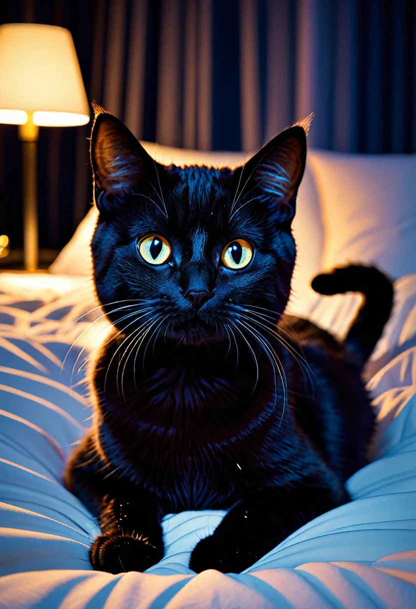8k,high quality,cat, cute,on the bed,midnight