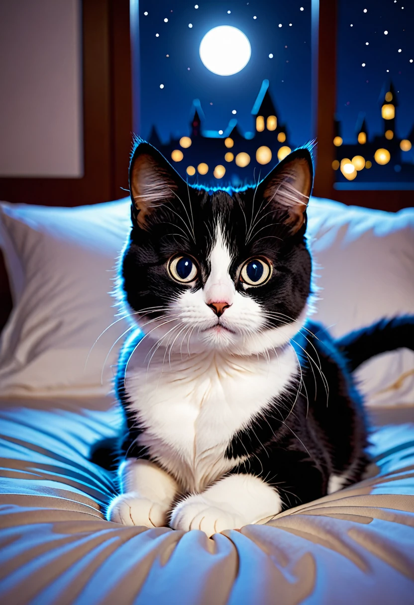 8k,high quality,cat, cute,on the bed,midnight