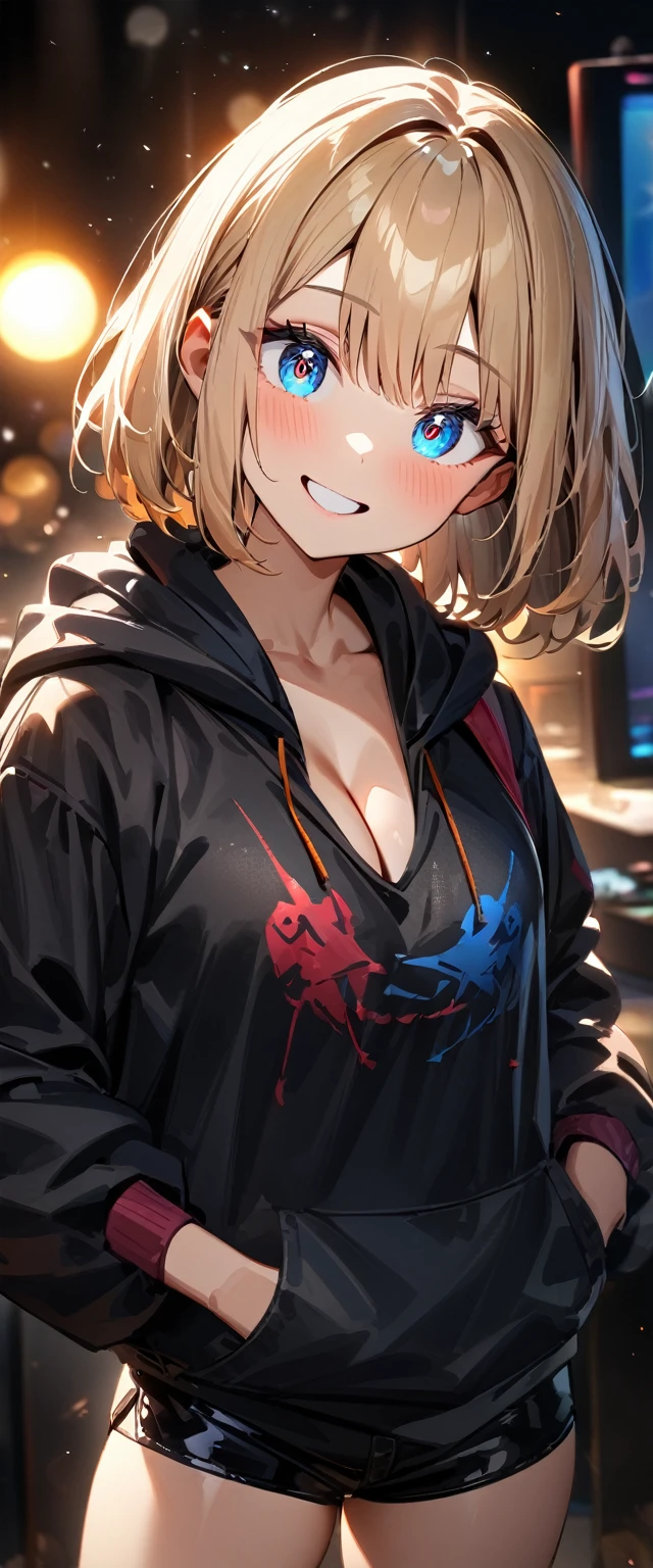 (((One girl))), Shibuya, blond hair, bob cut, ((face in focus)), (looking at viewer), breasts, ager, head tilt:1.3, (((blue eye))), constricted pupils, (from side), hand in pocket, cleavage, ((happy smile)), black hoodie:1.3, black shorts:1.3, anime style, (best quality, 4k, 8k, highres, masterpiece:1.2, ultra-detailed, ultra-detailed eyes, HDR, UHD, studio lighting, ultra-fine painting, sharp focus, physically-based rendering, extreme detail description, professional, vivid colors, bokeh)