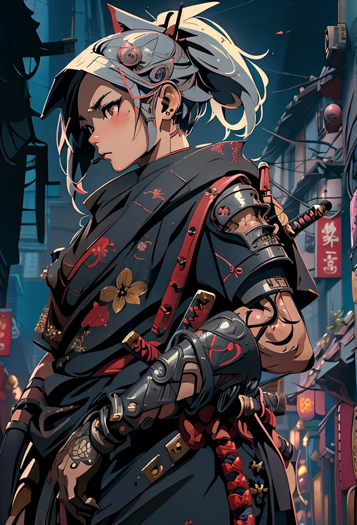 samurai writing, retro cberpunk design